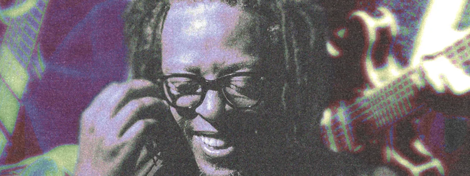 Art by DJ Short, a trippy looking image of Jeff Parker smiling